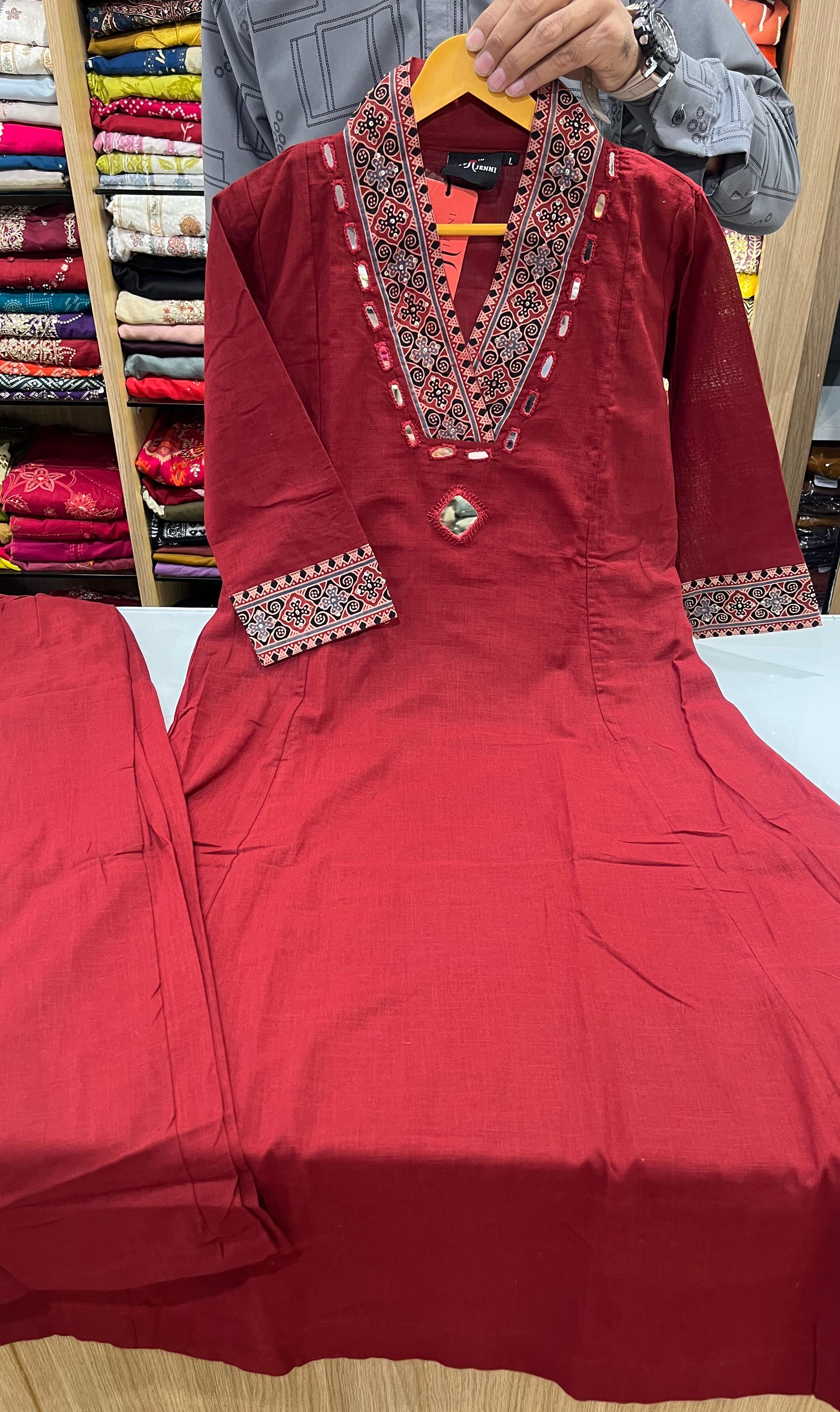 Dark-rust pure cotton a-line smart set with kalamkari print and mirror work