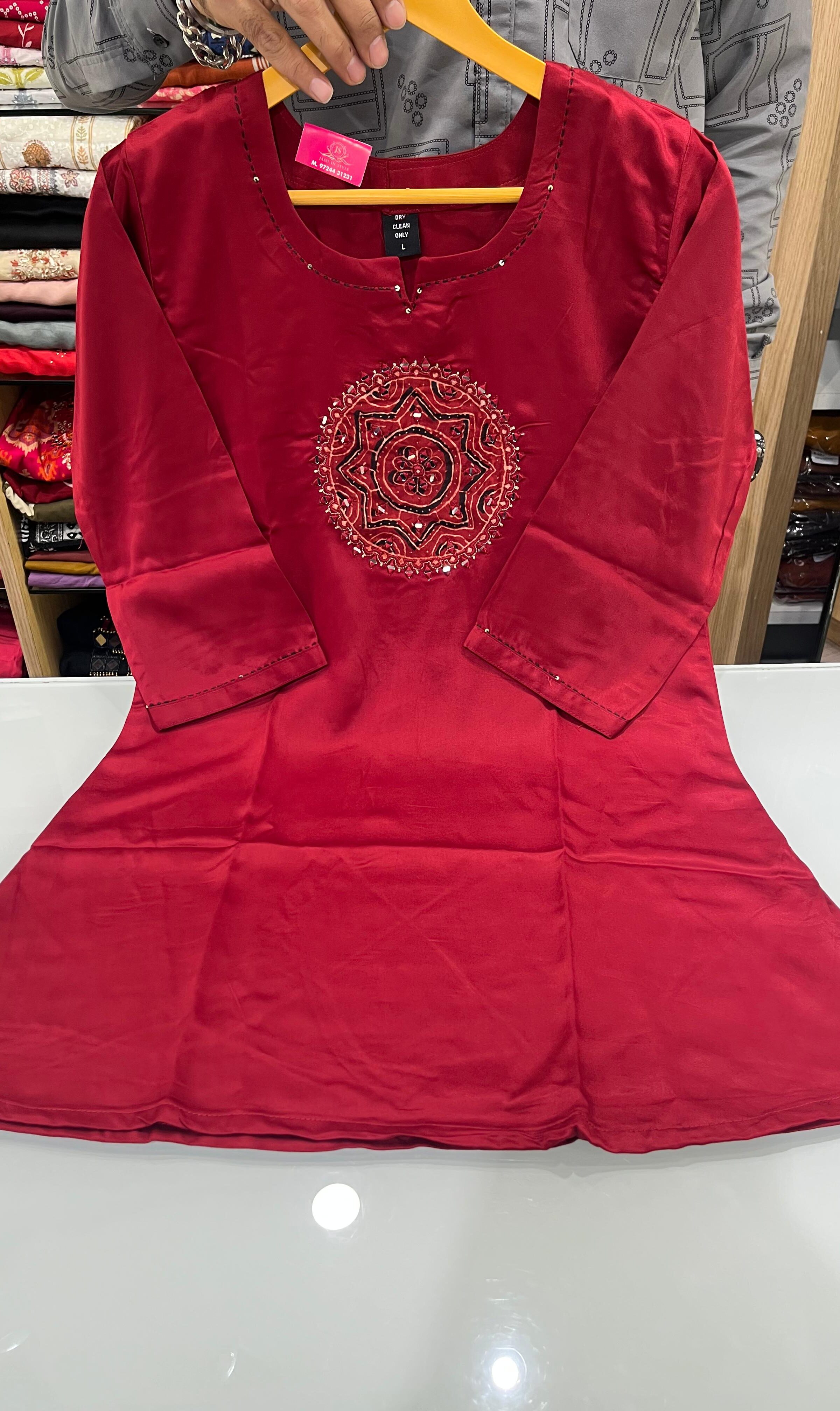 Premium gaji silk short top with kalamkari print and sleek mirror work on the neck